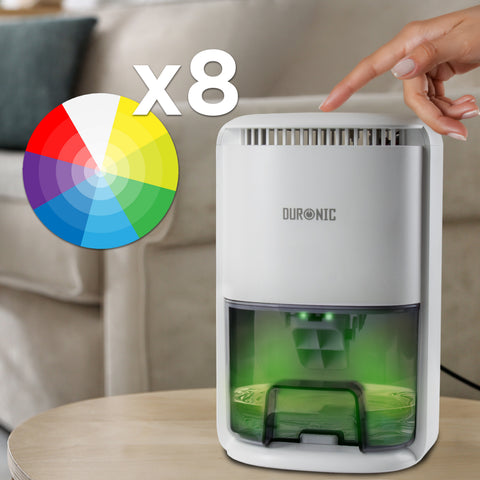 Duronic DH07 WE mini dehumidifier with 8 LED lights to switch between
