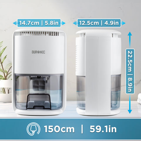 Duronic DH07 WE portable dehumidifier with specifications and cable length shown