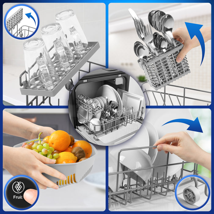Duronic DW10 compact dishwasher showing loading trays for utensils, glass, cutlery, plates, bowls, and fruit