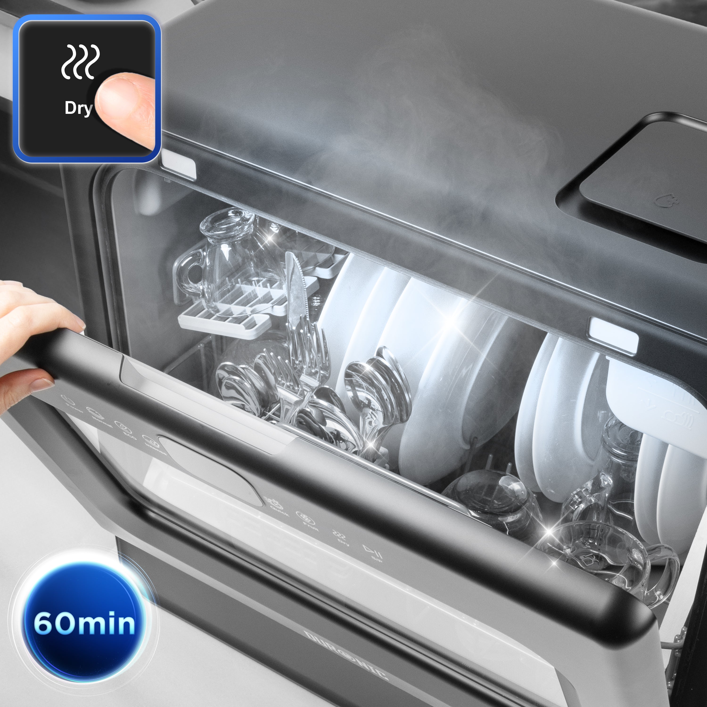 Duronic DW10 mini dishwasher with plates and utensils inside, highlighting a 60-minute drying cycle and a touch-control 
