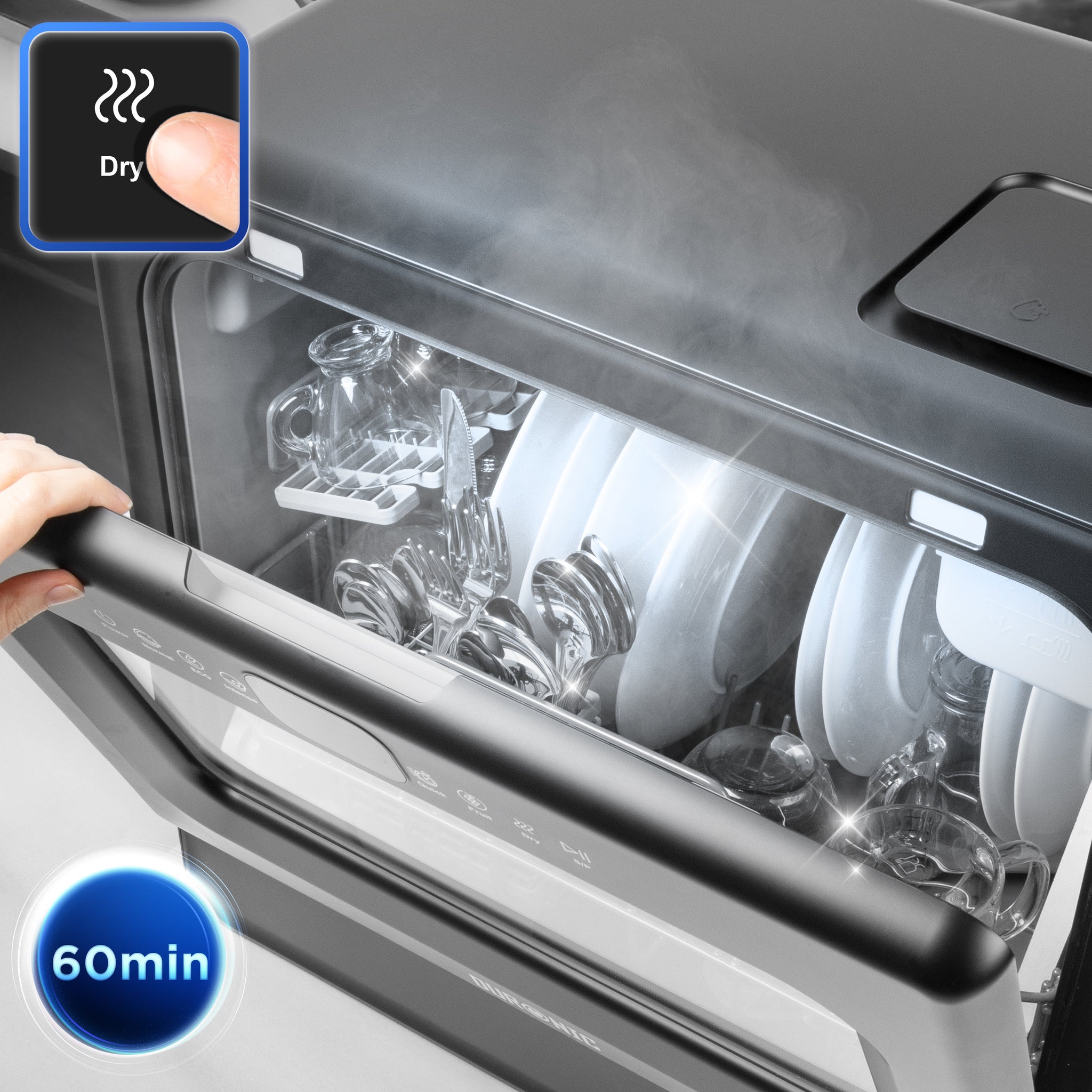 Duronic DW10 mini dishwasher with plates and utensils inside, highlighting a 60-minute drying cycle and a touch-control 