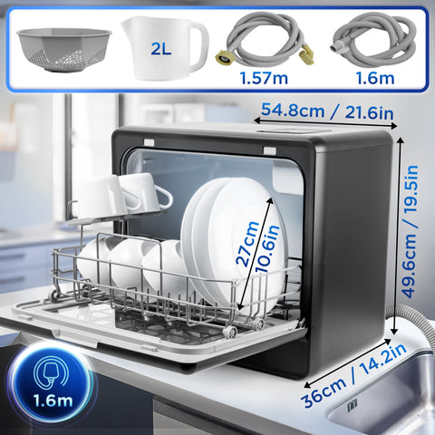 Duronic DW10 portable dishwasher dimensions shown with cable length and accessories included