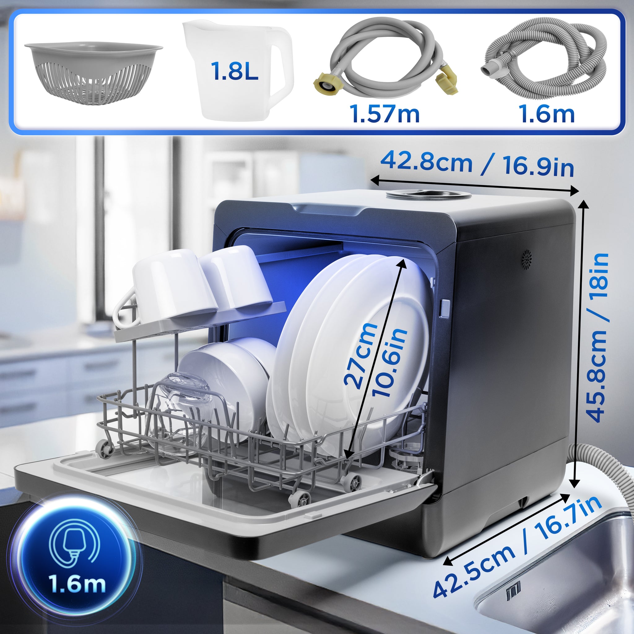 Duronic DW5 BK table top dishwasher dimensions and attachments 1.8L measuring jug cables UK plug