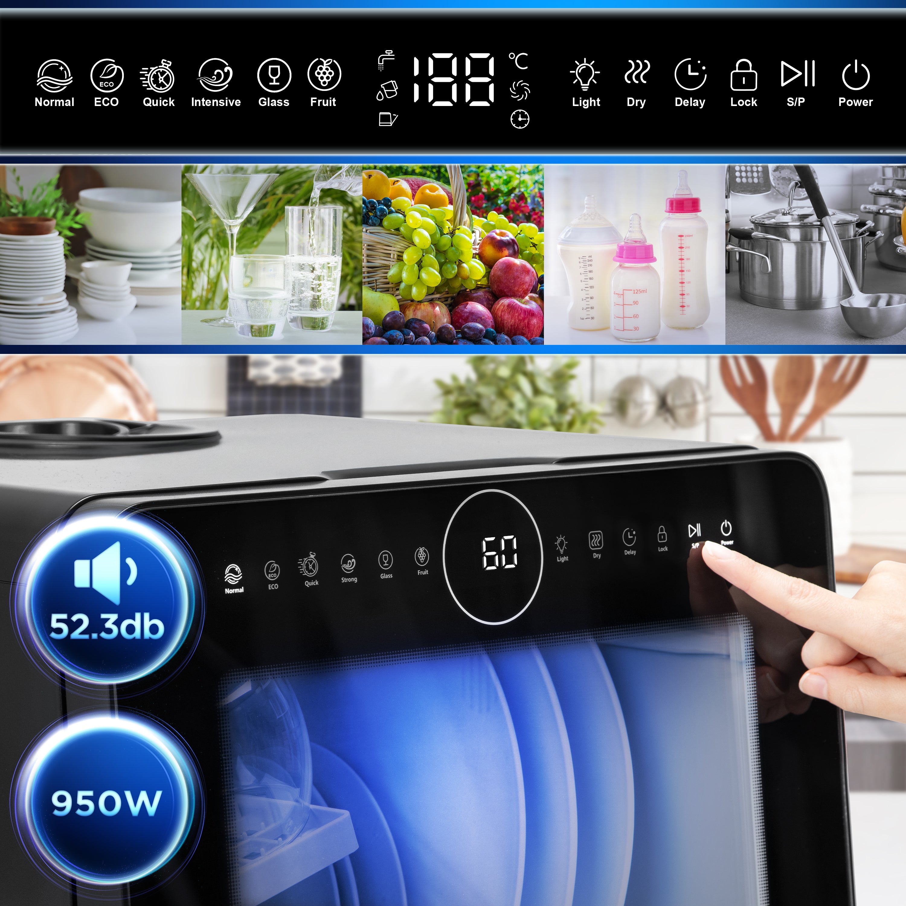 Duronic DW5 BK tabletop dishwasher 10 presets 5 dishwashing settings for glasses cutlery plates fruit