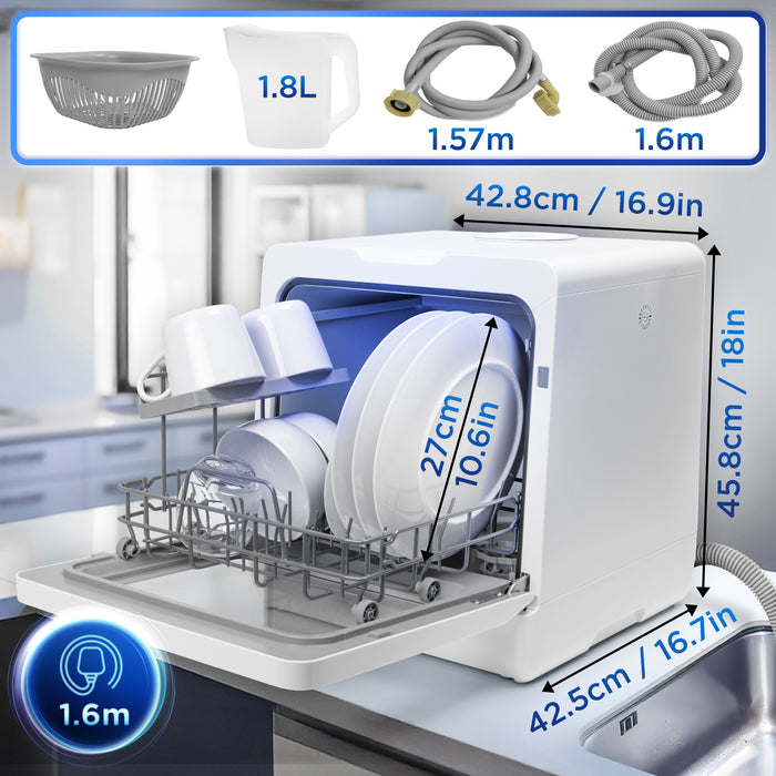Duronic DW5 WE table top dishwasher dimensions and attachments 1.8L measuring jug cables UK plug