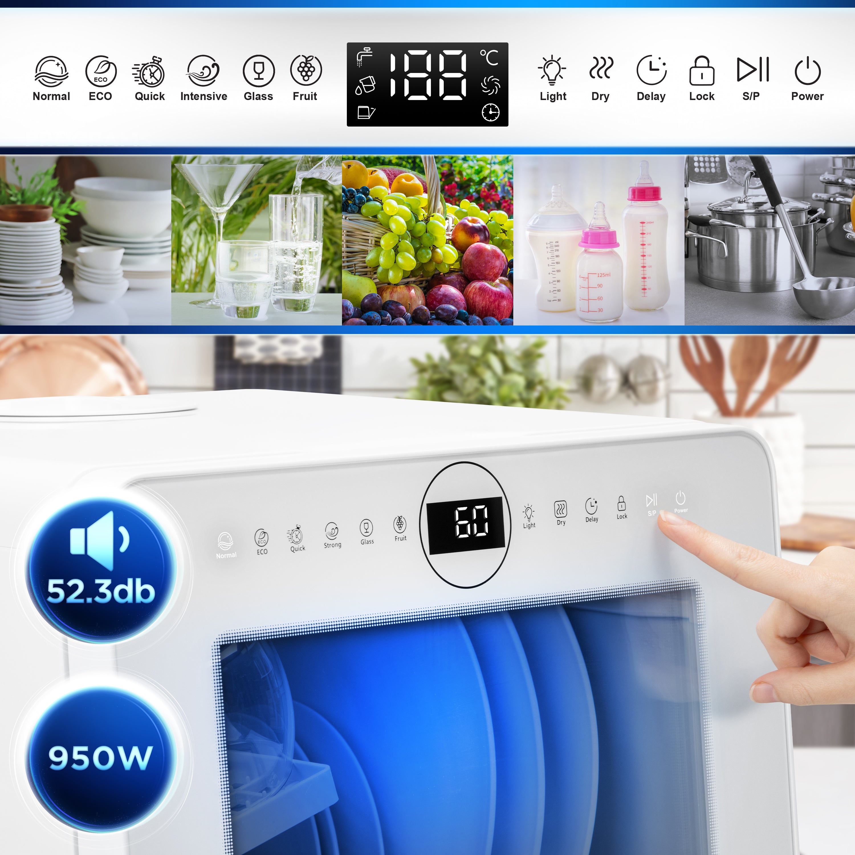 Duronic DW5 WE tabletop dishwasher 10 presets 5 dishwashing settings for glasses cutlery plates fruit