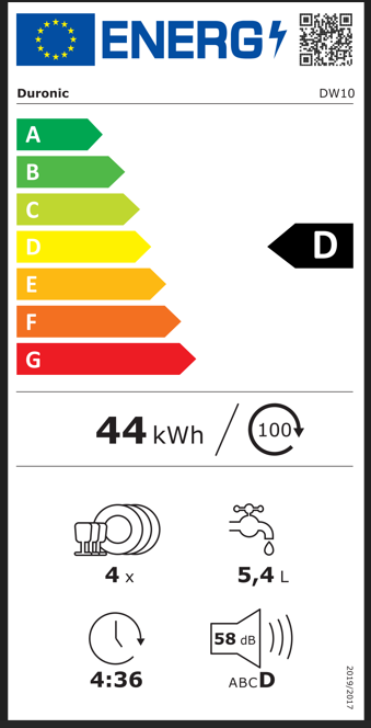 Duronic DW5 countertop dishwasher energy label