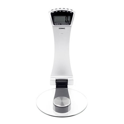 Duronic Digital Kitchen Scale featuring a round glass platform and an upright LCD display.