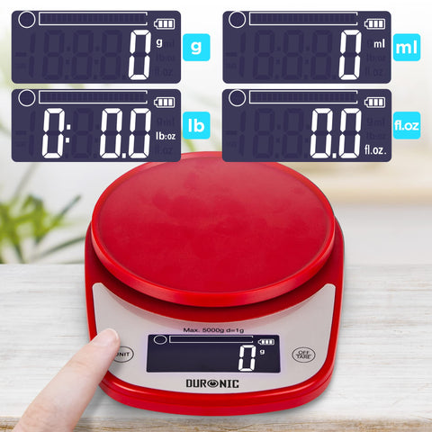 Duronic Digital Kitchen Scale showing different measurement unit displays like grams, milliliters, and pounds.