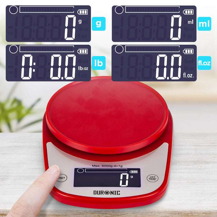 Duronic Digital Kitchen Scale showing different measurement unit displays like grams, milliliters, and pounds.