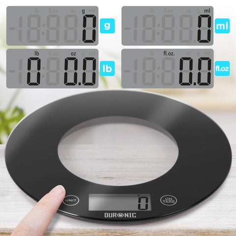 Duronic Digital Kitchen Scale showing digital display options for grams, milliliters, pounds, and ounces.