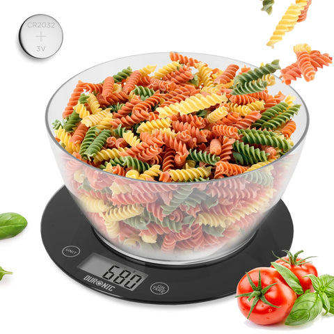 Duronic Digital Kitchen Scale weighing a clear bowl filled with colorful rotini pasta.