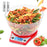 Duronic Digital Kitchen Scale weighing a clear bowl of multicolored pasta on white background.