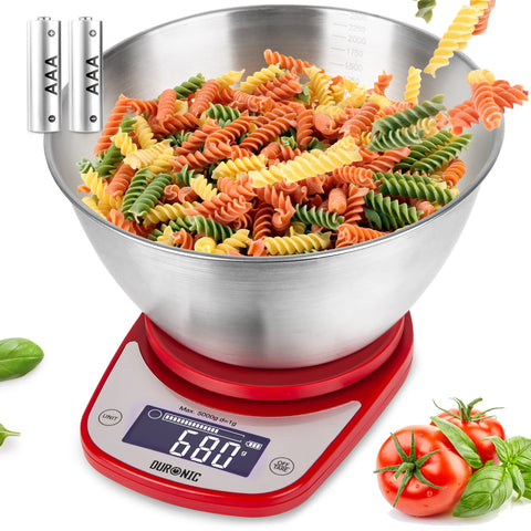 Duronic Digital Kitchen Scale weighing colorful rotini pasta in a large stainless steel bowl