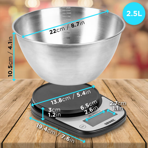 Duronic Digital Kitchen Scale with a 2.5L stainless steel mixing bowl, showing product dimensions.