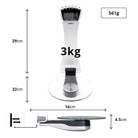 Duronic Digital Kitchen Scale with measurements showing dimensions, 3kg capacity, and glass weighing platform.
