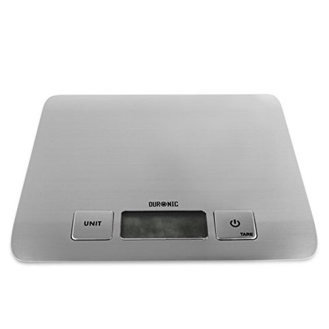 Duronic Digital Kitchen Scales features a sleek stainless steel surface, LCD display, and tare function buttons.