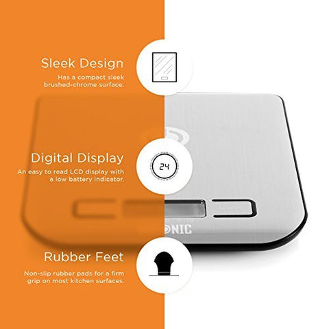 Duronic Digital Kitchen Scales featuring a sleek design, LCD display, and non-slip rubber feet.