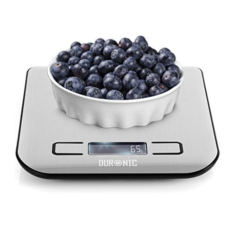 Duronic Digital Kitchen Scales holding a white bowl of blueberries, displaying a weight of 65g.