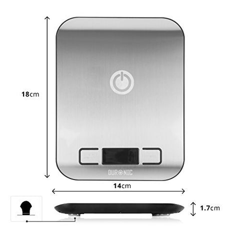 Duronic Digital Kitchen Scales measuring 18cm long, 14cm wide, and 1.7cm high