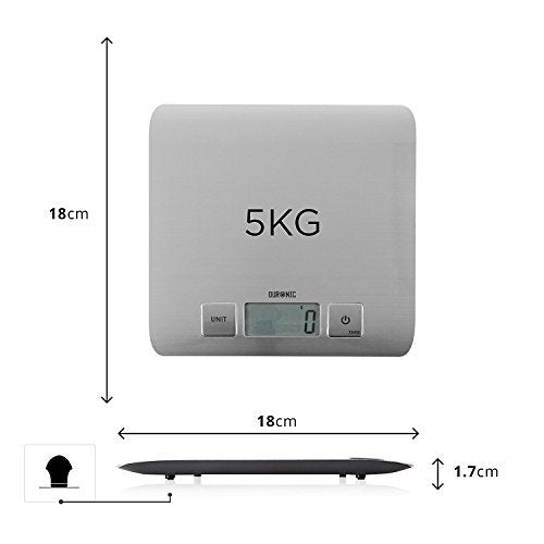 Duronic Digital Kitchen Scales showing dimensions of 18cm by 18cm and 1.7cm slim profile