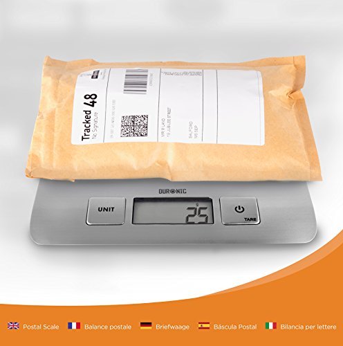 Duronic Digital Kitchen Scales weighing a brown padded mailer envelope showing a mass of 25g.
