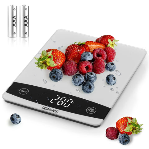 Duronic Digital Kitchen Scales weighing fresh berries on a white glass platform, with AAA batteries.