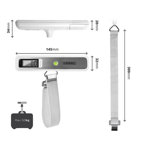 Duronic Digital Luggage Scales showing product dimensions, strap length, and 50kg maximum weight capacity.