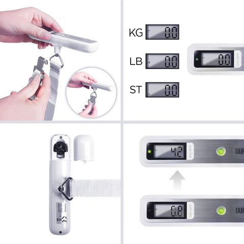 Duronic Digital Luggage Scales showing strap attachment, unit options in kg/lb/st, and weight lock display.