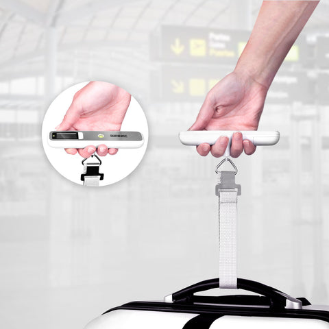 Duronic Digital Luggage Scales weigh a suitcase in an airport terminal.