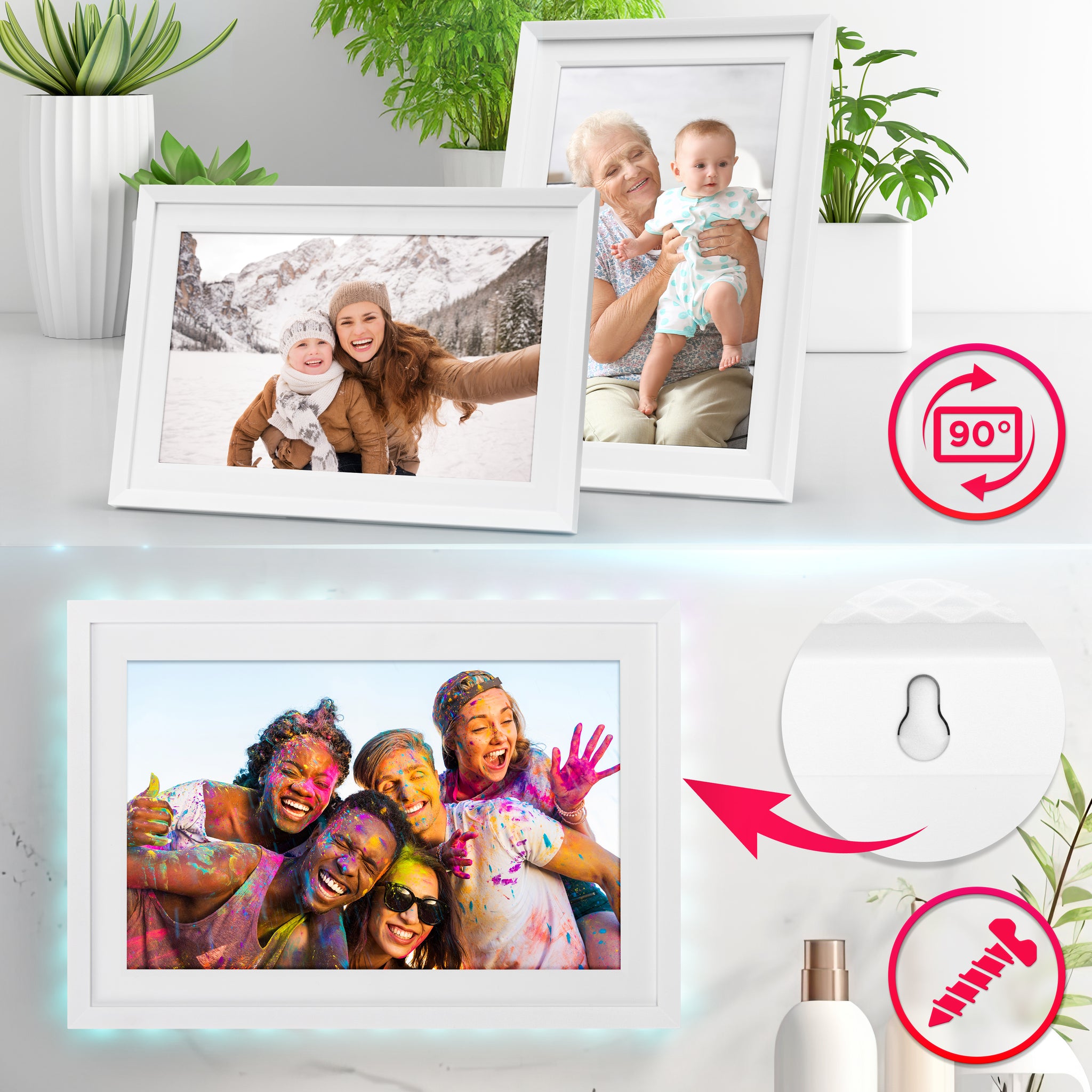 Duronic Digital Photo Frame displayed in portrait or landscape orientation on a tabletop or mounted to a wallport, 128GB Micro SD slot
