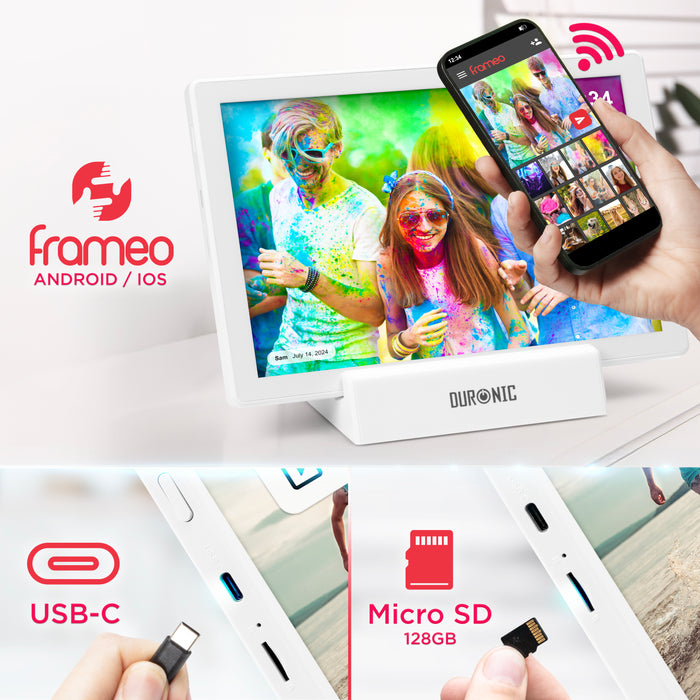 Duronic Digital Photo Frame featuring Frameo app compatibility for Android and iOS, a USB-C port, and a Micro SD slot supporting up to 128GB.