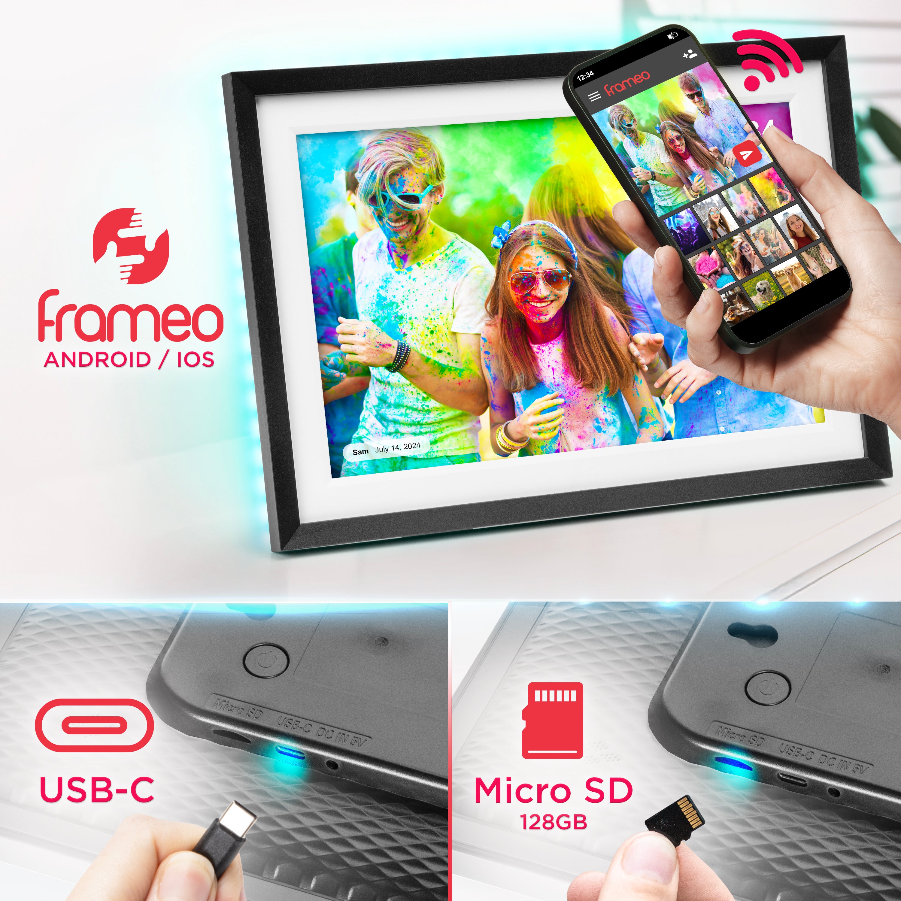 Duronic Digital Photo Frame featuring a color-powder festival image, highlighting its USB-C charging port, 128GB Micro SD slot, and wireless photo sharing via a smartphone app.