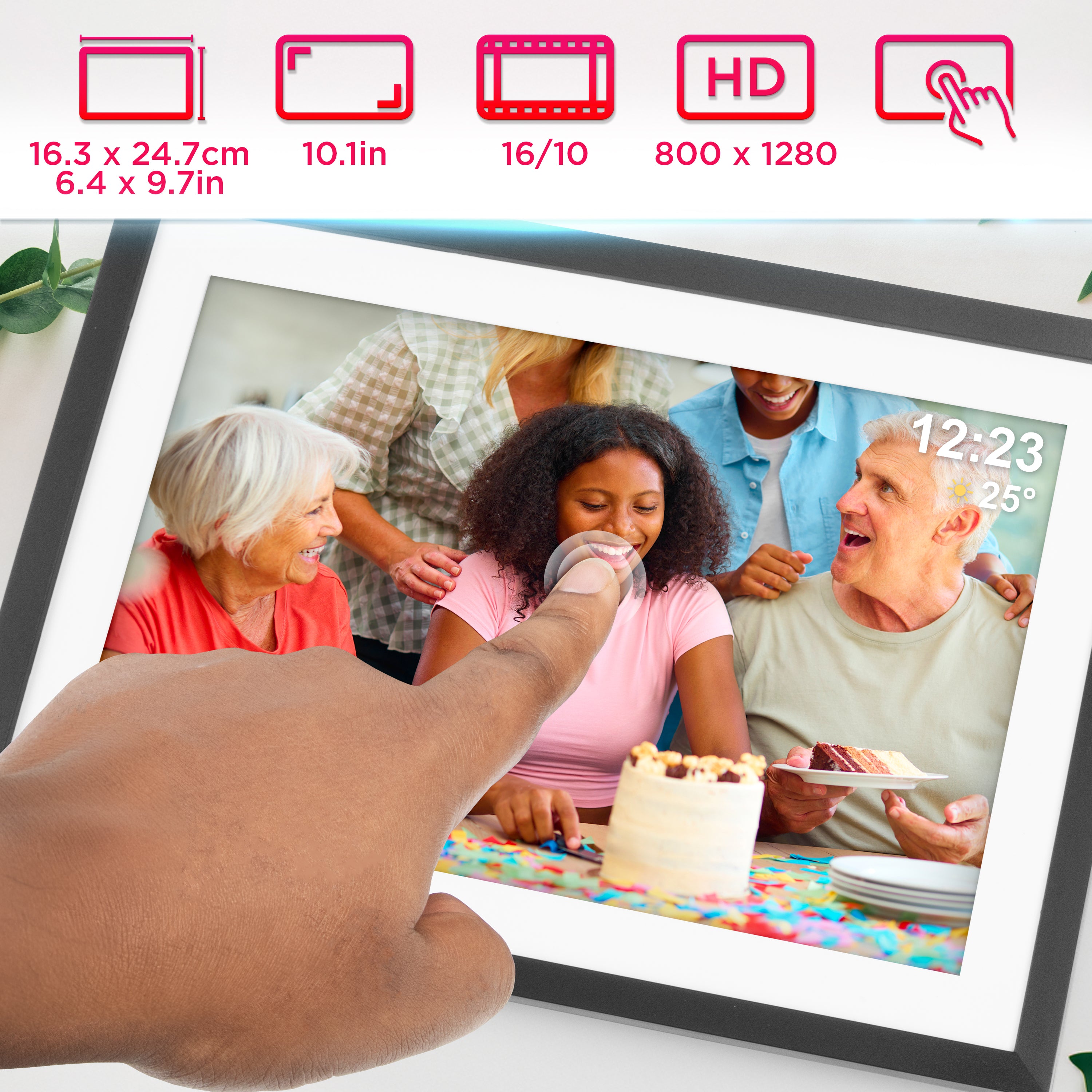 Duronic Digital Photo Frame featuring a touchscreen display, 800 x 1280 HD resolution, and a 16:10 aspect ratio for viewing family photos.