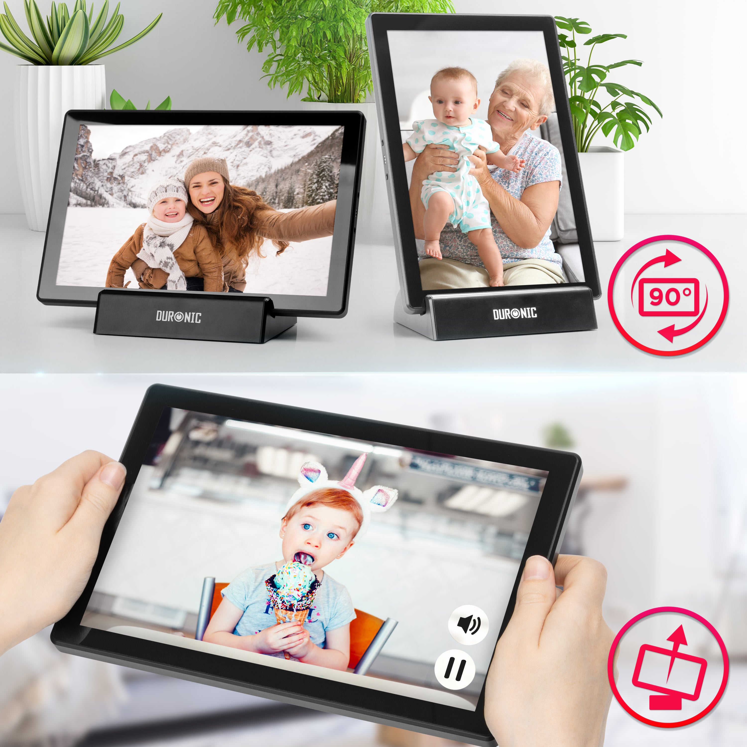 Duronic Digital Photo Frame shown in both landscape and portrait orientations