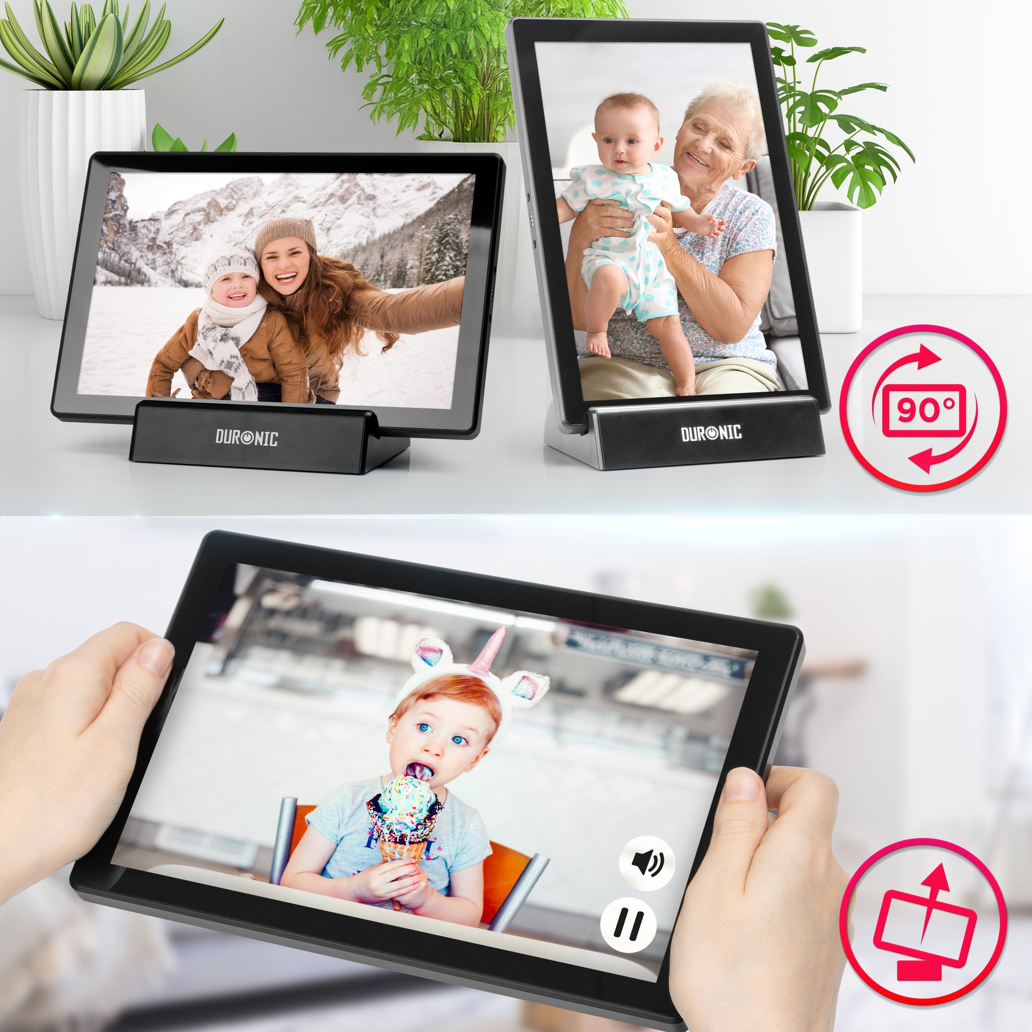 Duronic Digital Photo Frame shown in both landscape and portrait orientations