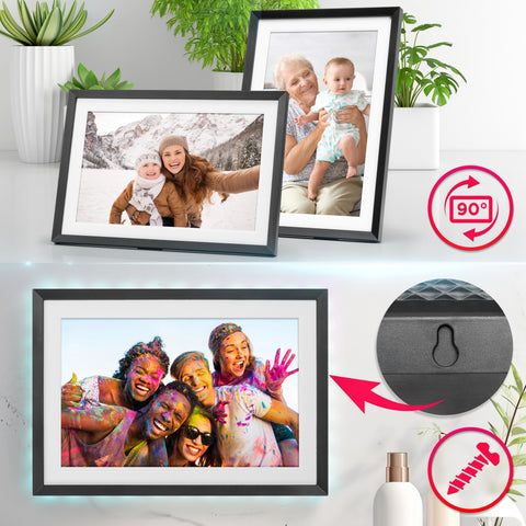 Duronic Digital Photo Frame that can be displayed in portrait or landscape orientation on a tabletop or mounted to a wall using the included hardware.