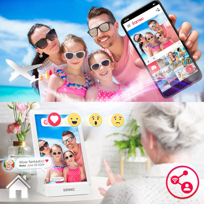 Duronic Digital Photo Frame uses the Frameo app on a smartphone to instantly share vacation photos
