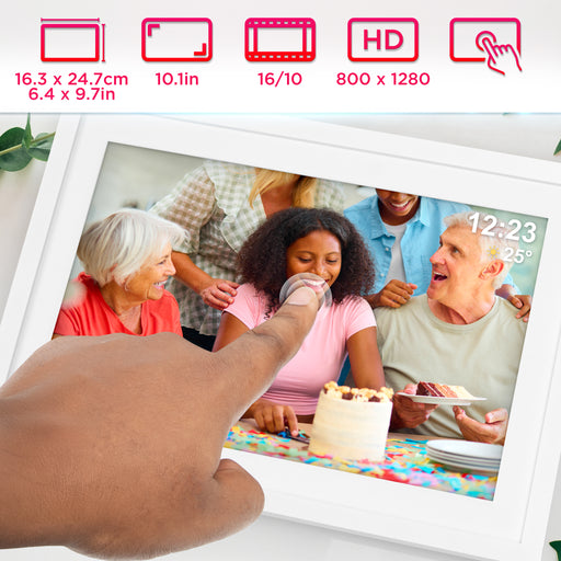 Duronic Digital Photo Frame with touchscreen display, 800 x 1280 HD resolution, and a 16:10 aspect ratio for viewing family photos.