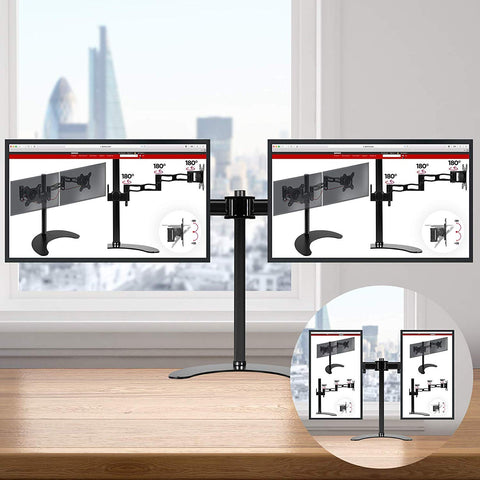 Duronic Dual Monitor Arm Stand Desk Mount holding two screens, displaying product specifications on a wooden table.