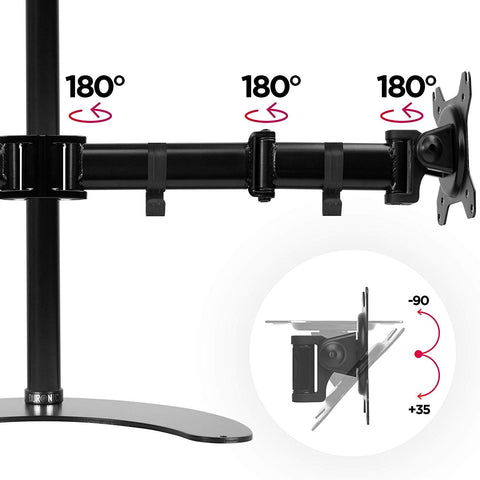 Duronic Dual Monitor Arm Stand Desk Mount showing 180-degree swivel points and a -90 to +35 tilt range.
