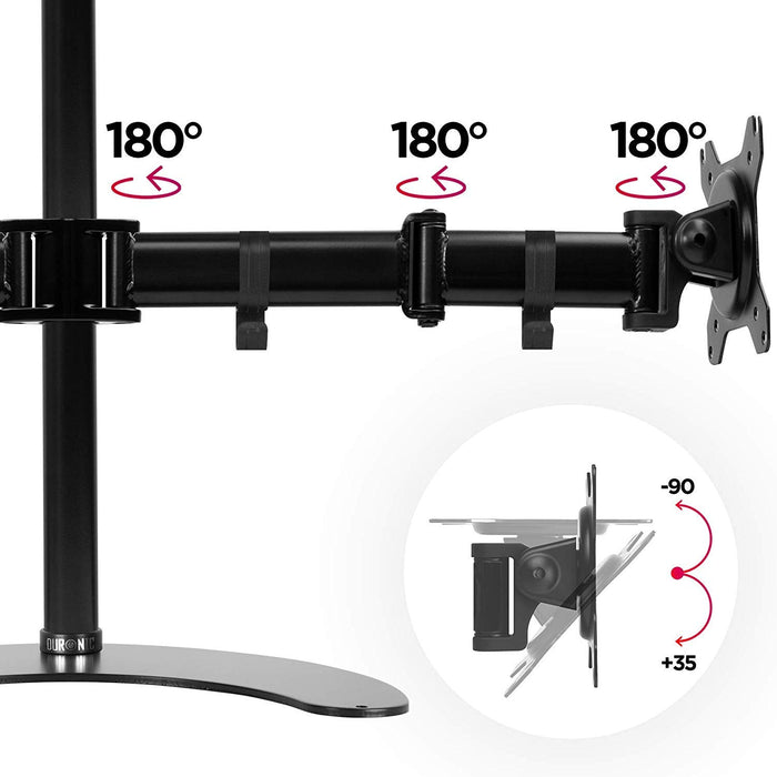 Duronic Dual Monitor Arm Stand Desk Mount showing 180-degree swivel points and a -90 to +35 tilt range.