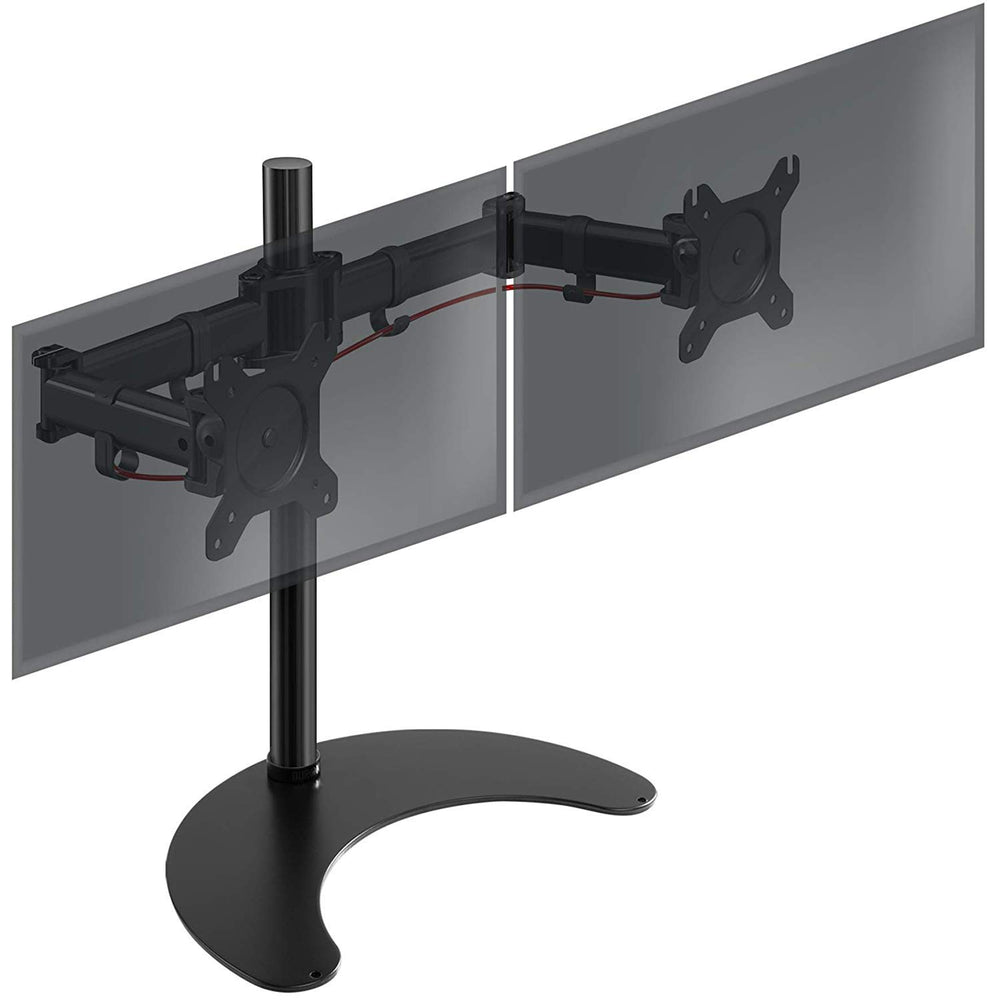 Duronic Dual Monitor Arm Stand Desk Mount with an adjustable arm and a freestanding, heavy-duty U-shaped base.