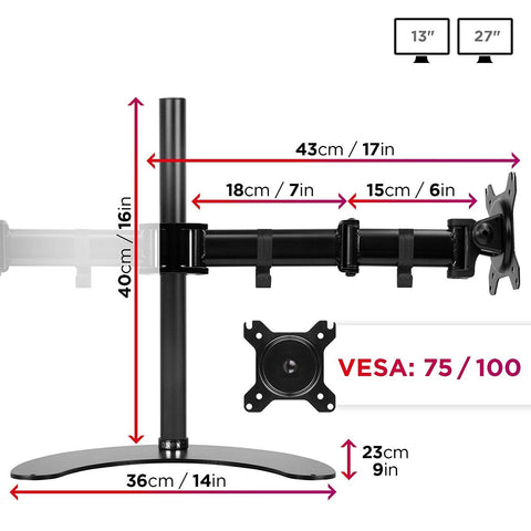 Duronic Dual Monitor Arm Stand Desk Mount with detailed product dimensions and VESA 75/100 compatibility specifications.
