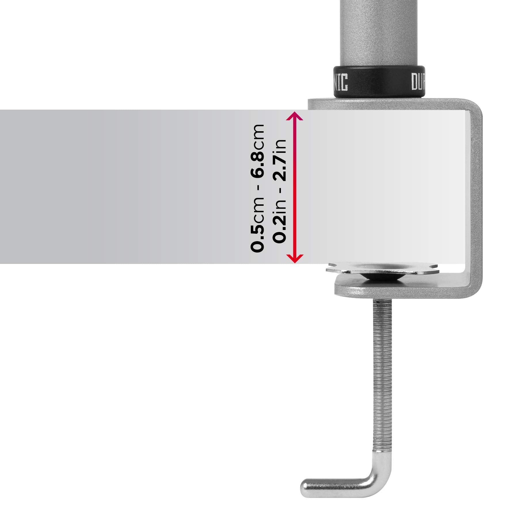 Duronic Dual Monitor Stand Duronic silver metal desk clamp diagram showing adjustable desk thickness capacity from 0.5cm to 6.8cm.