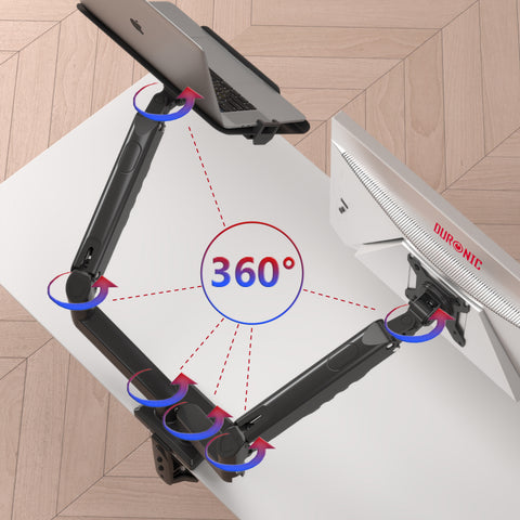 Duronic Dual Monitor Stand Illustrating 360° rotation at every joint