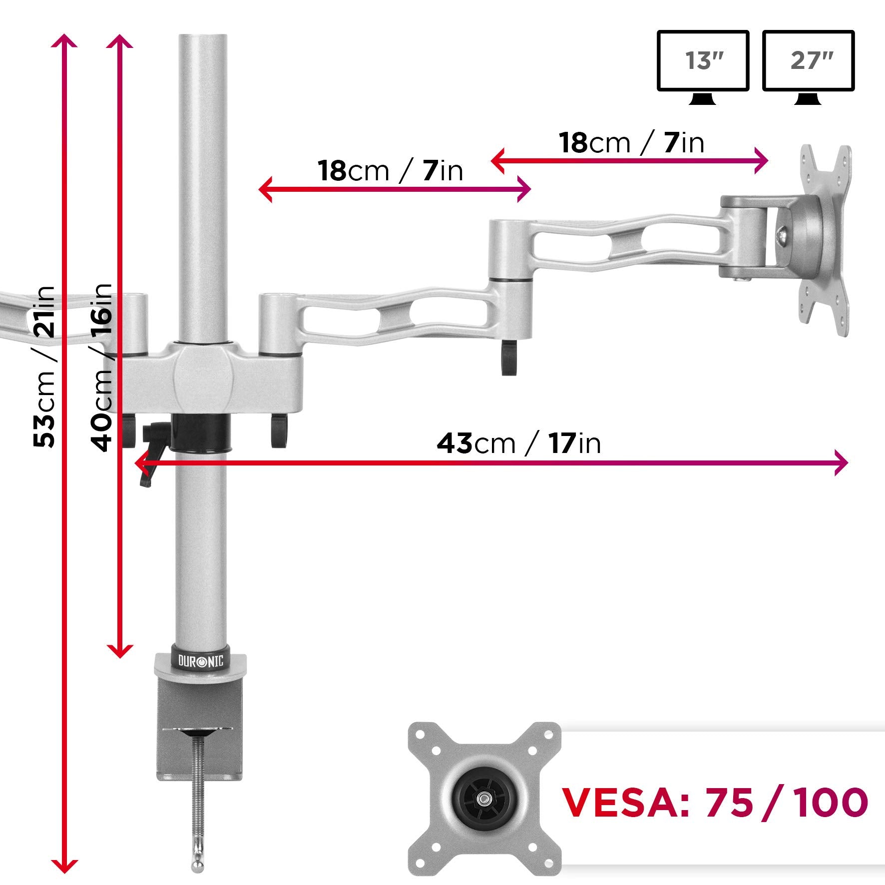 Duronic Dual Monitor Stand Silver Duronic dual monitor mount with dimensions, VESA 75/100 compatibility, and adjustable articulated arms.