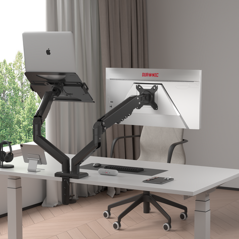 Duronic Dual Monitor Stand desk-mounted arm holds a laptop on the left and a monitor on the right