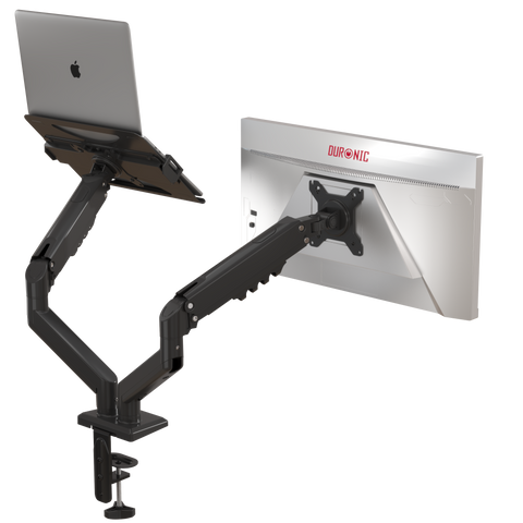 Duronic Dual Monitor Stand desk mount featuring a height-adjustable laptop tray and a mounted computer monitor