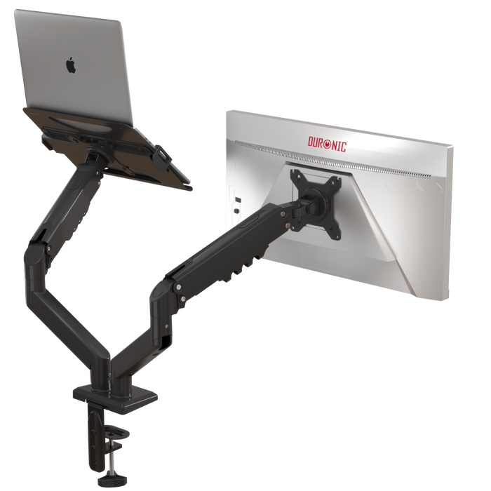Duronic Dual Monitor Stand desk mount featuring a height-adjustable laptop tray and a mounted computer monitor